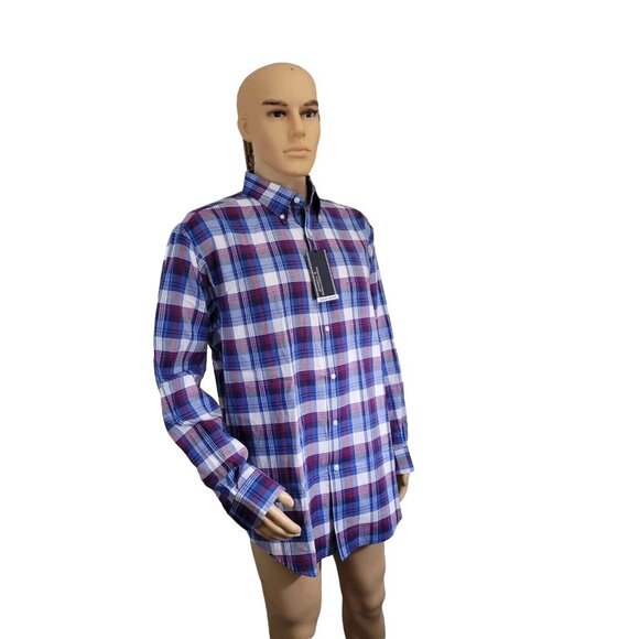 Roundtree Yorke Men's Shirt Size XL Pinpoint Oxford Berry Blue Plaid 33 - Picture 3 of 6